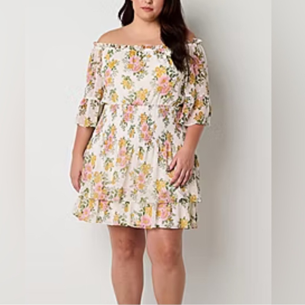 Premier Amour Off-Shoulder White Floral Tiered Dress Sz 22W NWT